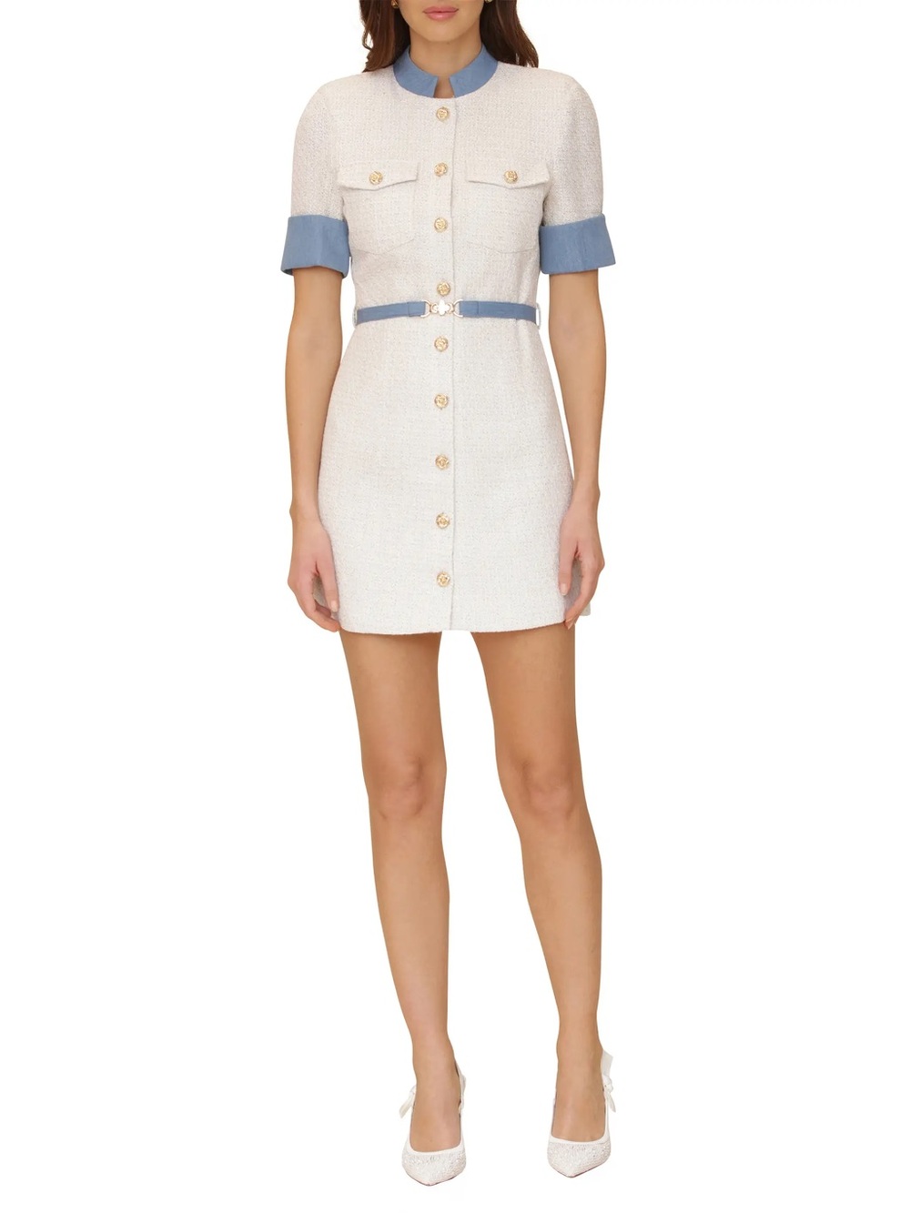 New Avec Les Filles Contrast Denim Tweed Mini Dress Ivory 8 M Preppy Quiet luxur - Picture 7 of 8